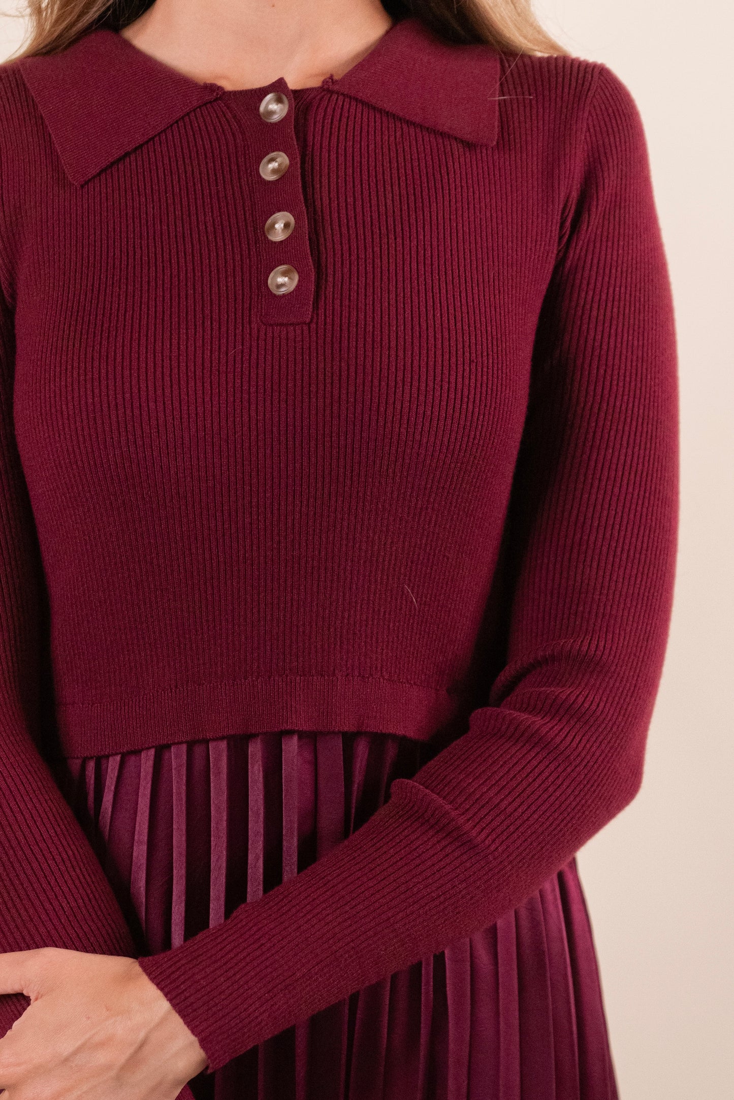 The Lacey Collar Sweater Dress in Cranberry Satin
