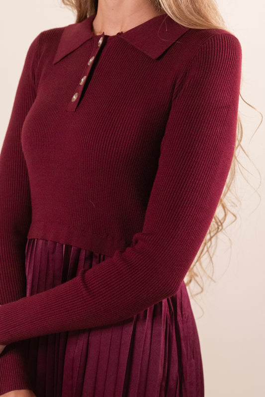 The Lacey Collar Sweater Dress in Cranberry Satin