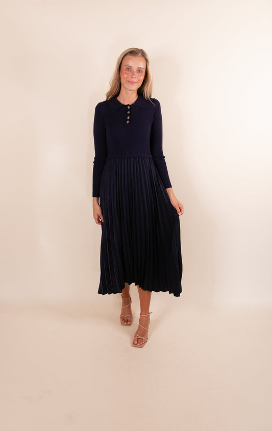 The Lacey Collar Sweater Dress in Navy Satin