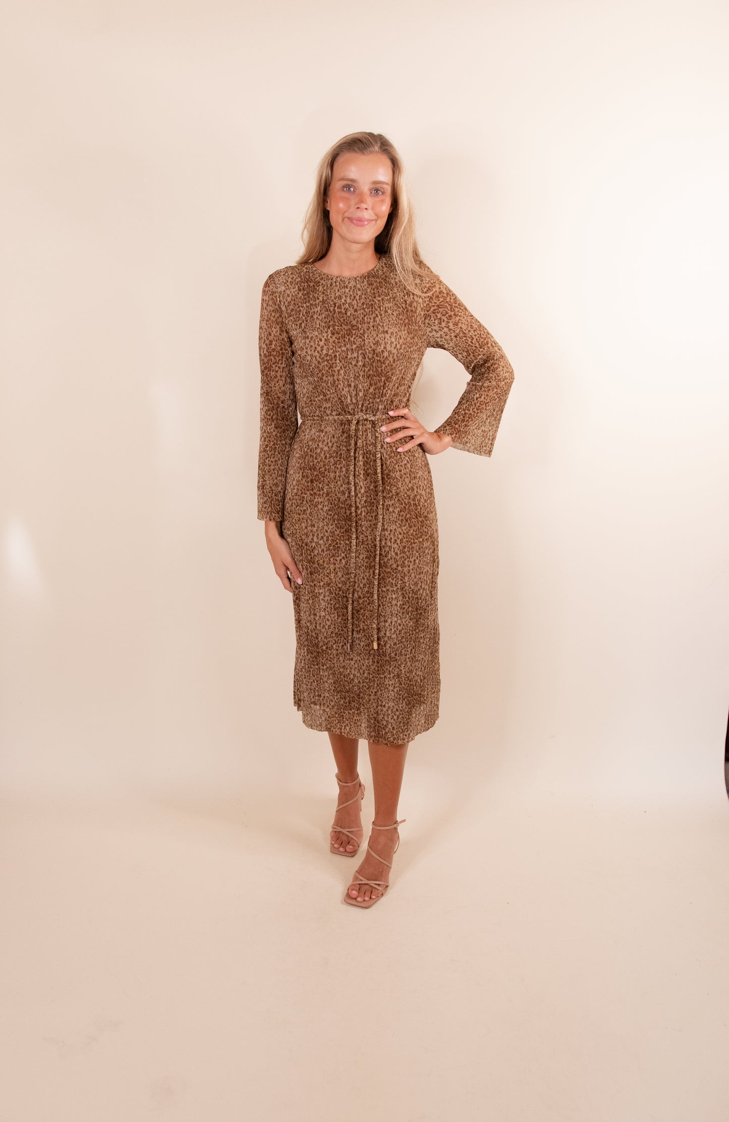 The Dorothy Chiffon Pleated Dress in Golden Leopard