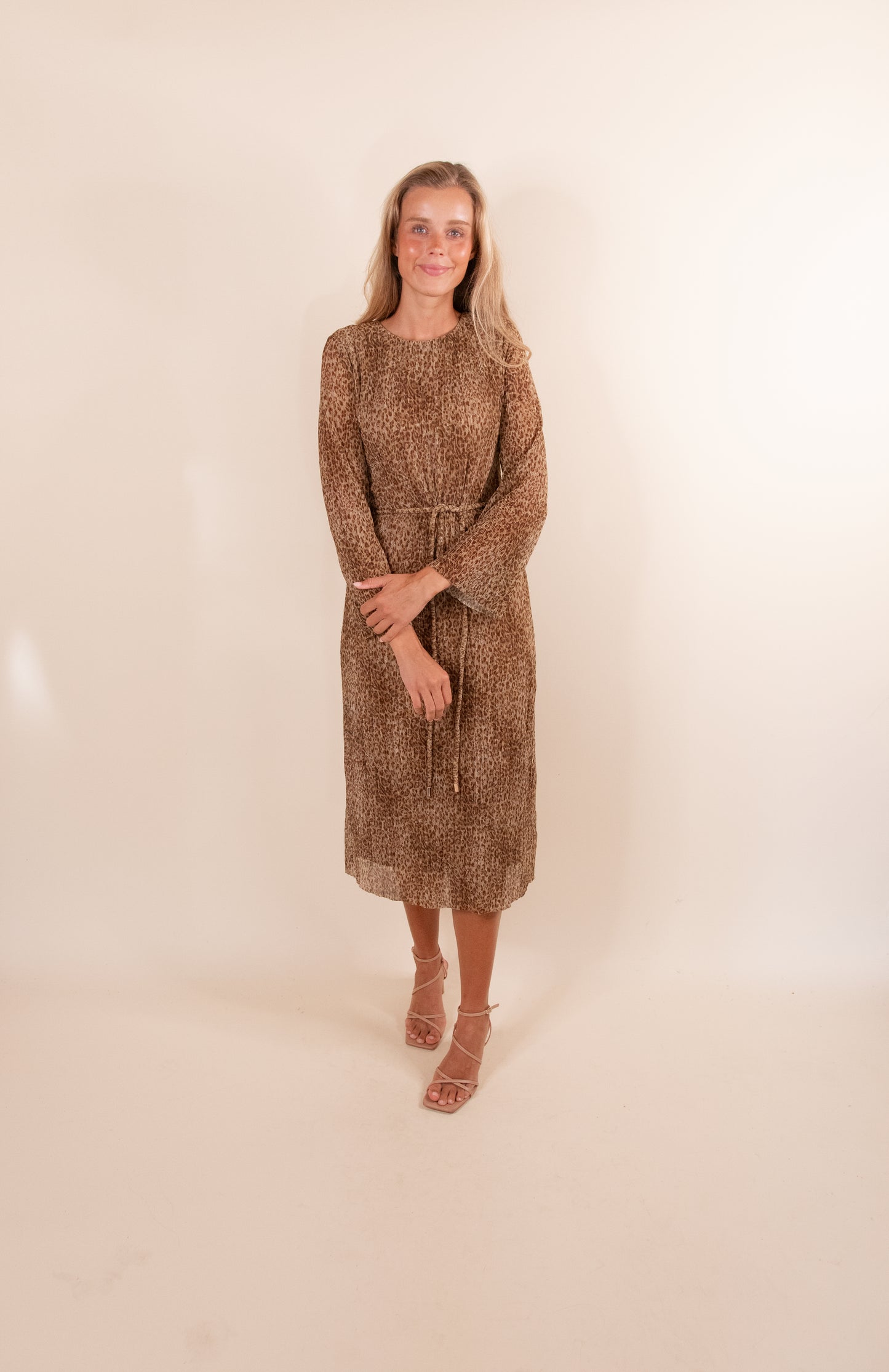 The Dorothy Chiffon Pleated Dress in Golden Leopard