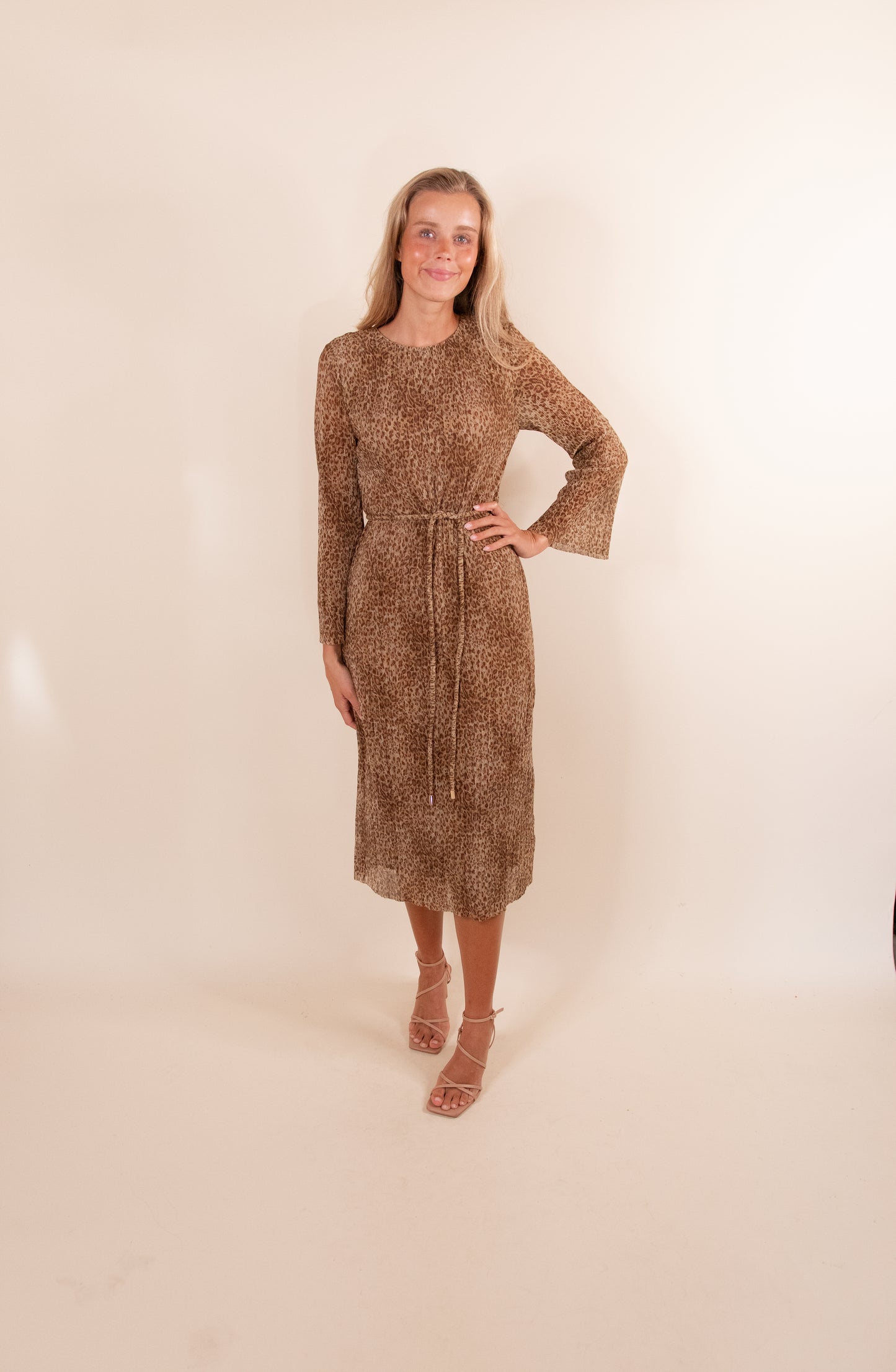 The Dorothy Chiffon Pleated Dress in Golden Leopard