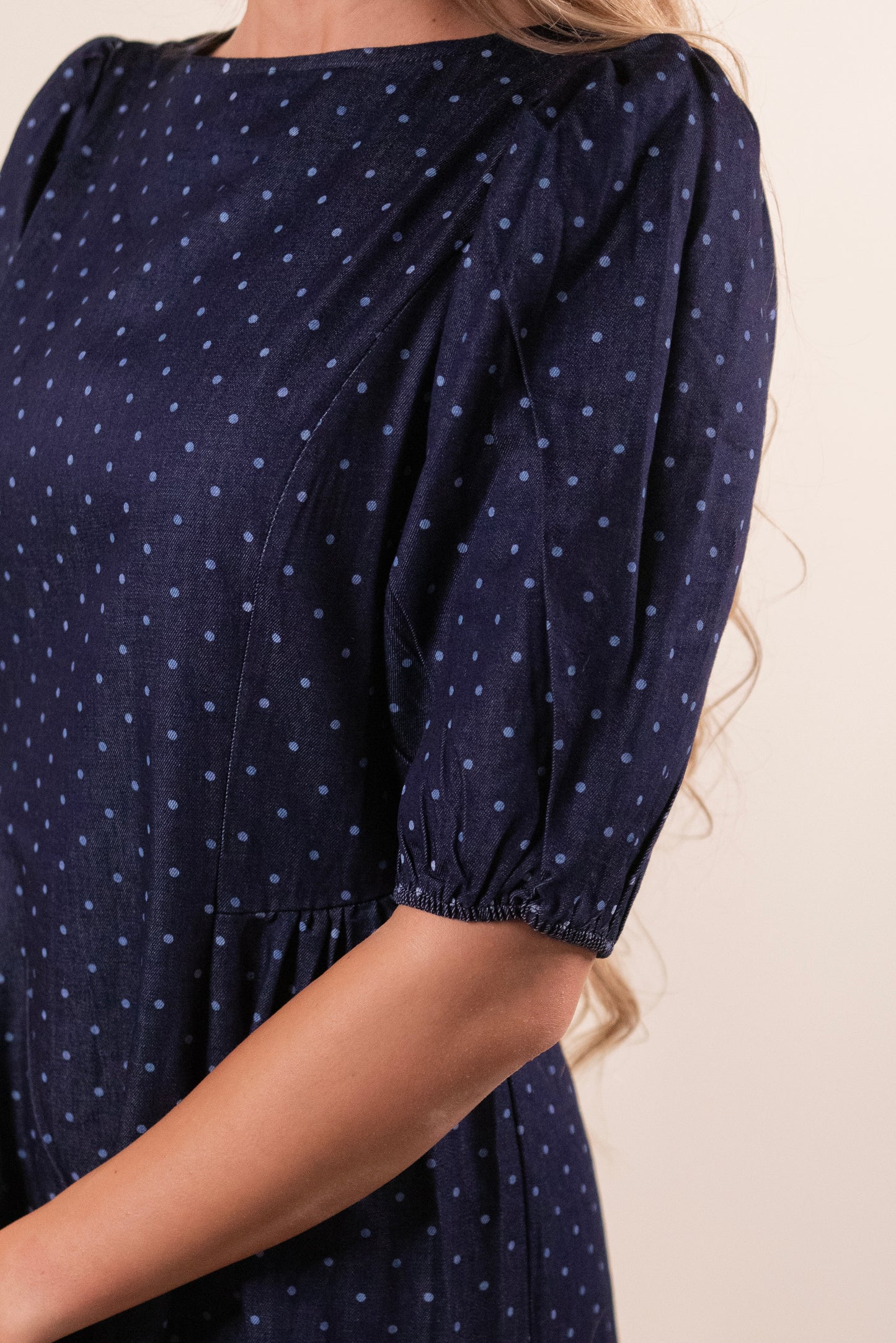 The Josie Denim Polkadot Dress
