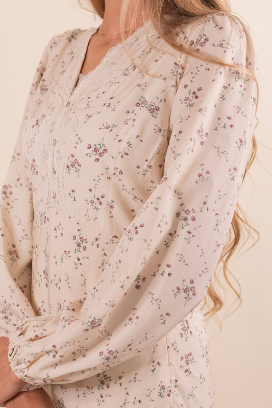 The Violet Lace Trim Fall Floral Dress