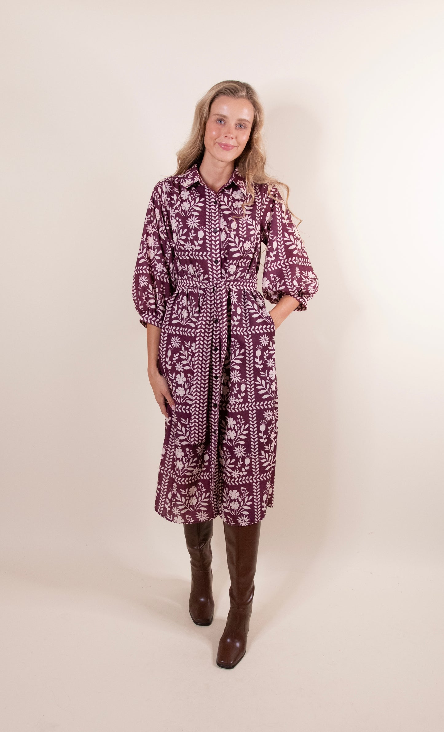 The Rhen Shirt Dress in Burgundy Floral