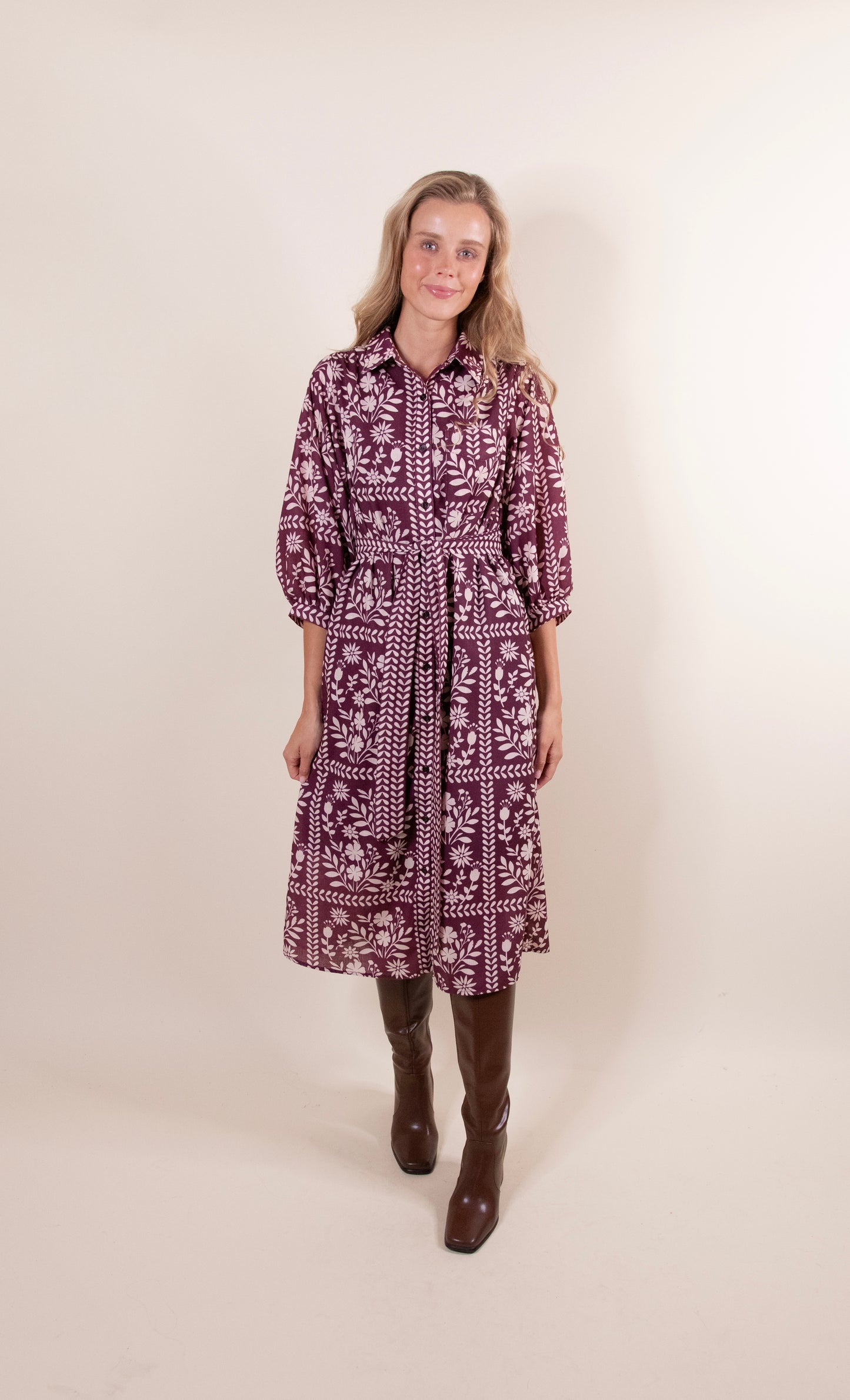 The Rhen Shirt Dress in Burgundy Floral