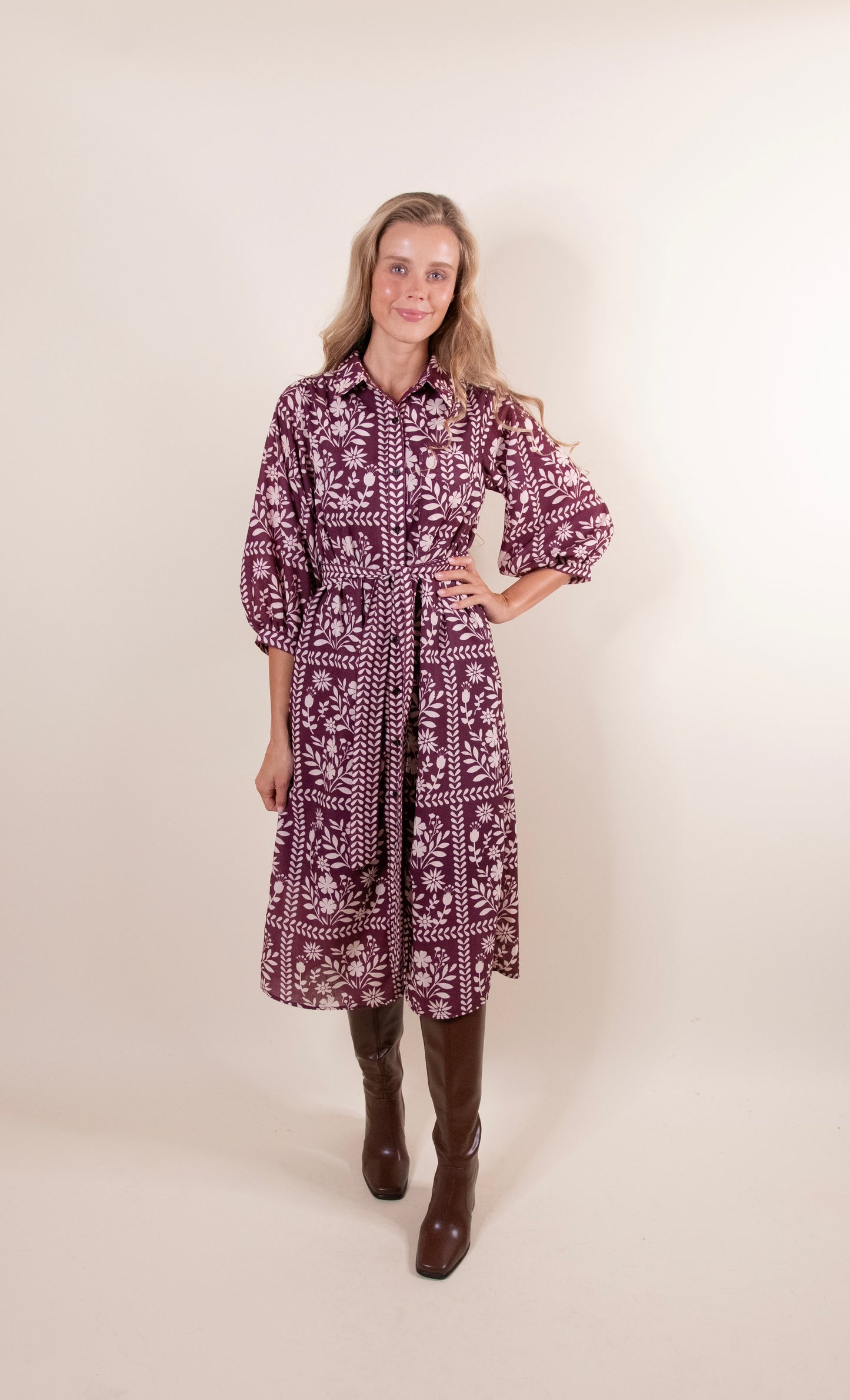 The Rhen Shirt Dress in Burgundy Floral