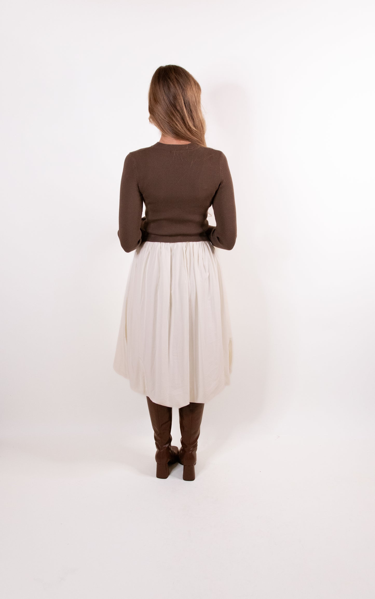 RESTOCKED - The Hallie Knit Bubble Dress in Chestnut and Cream