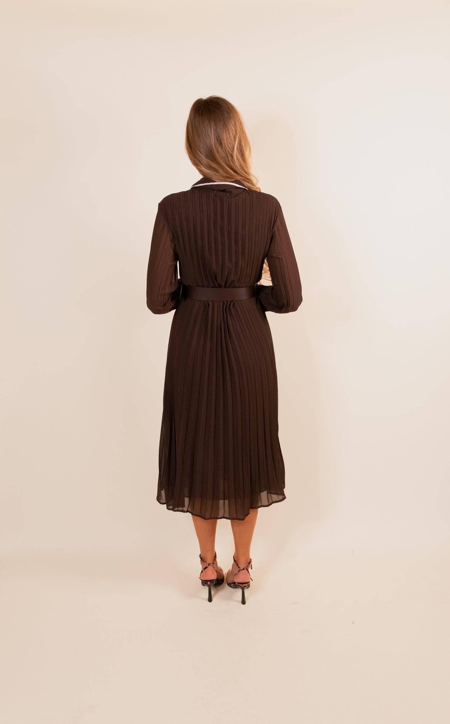 The Nina Pleated Chiffon Dress in Brown