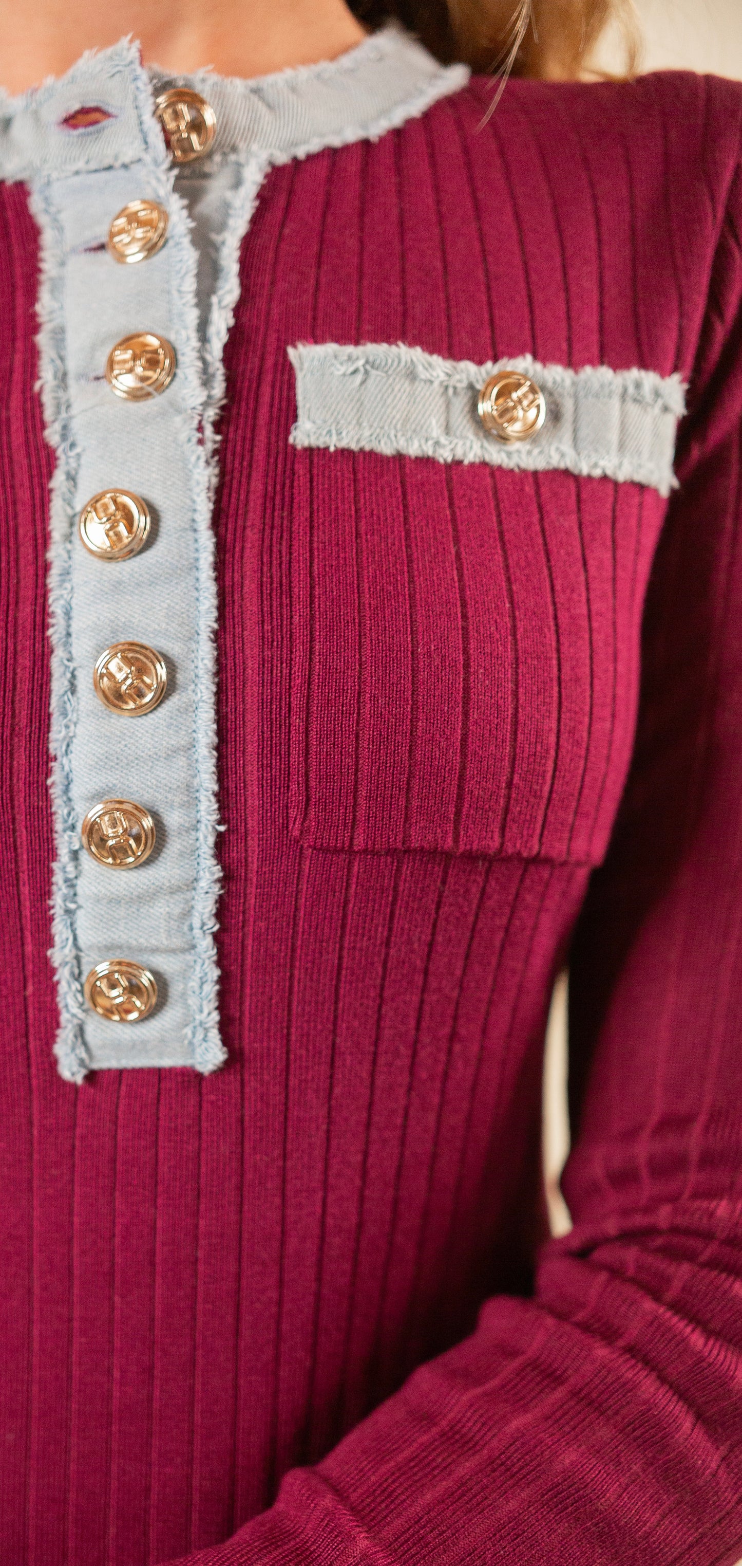 The Roe Ribbed Knit Dress in Cranberry & Denim