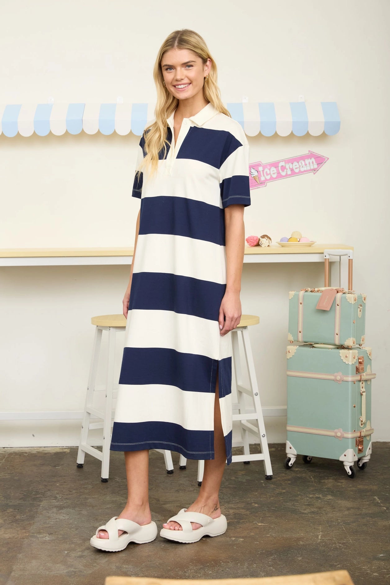 The Annie Polo Dress in Navy Stripes