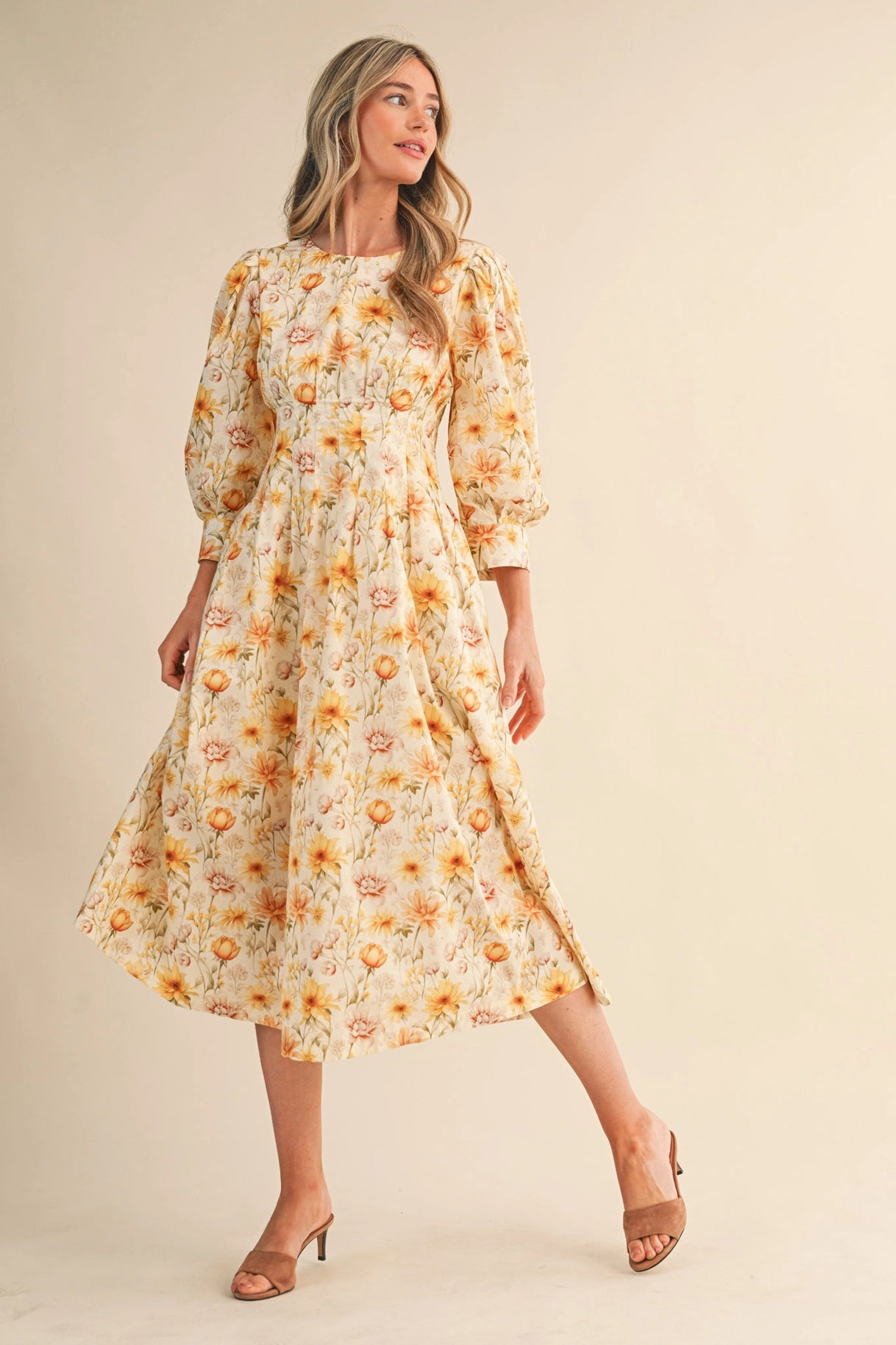 The Alaina Floral Midi Dress in Golden Floral