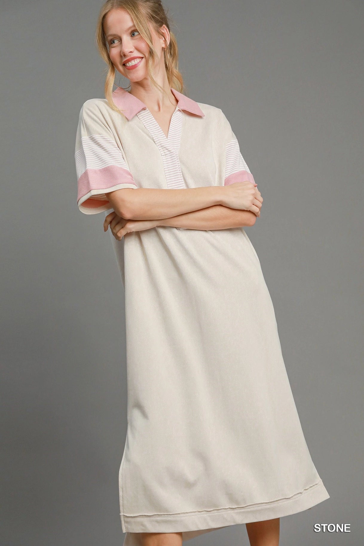 The Cora French Terry Midi Dress in Stone & Pink