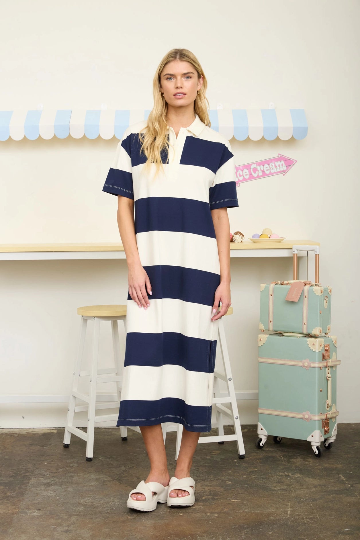 The Annie Polo Dress in Navy Stripes