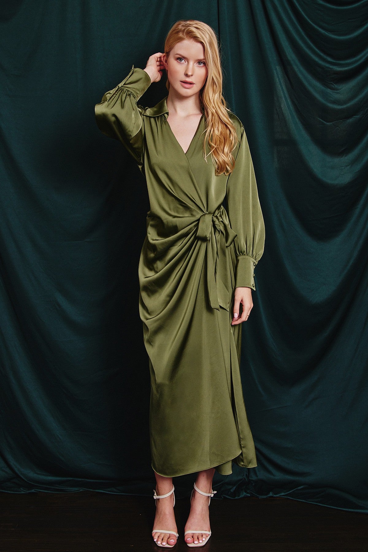 The Blaire Satin Wrap Dress in Olive