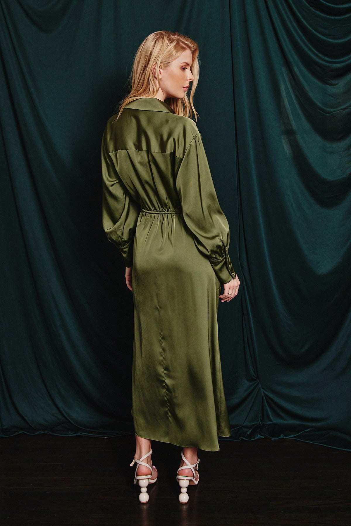 The Blaire Satin Wrap Dress in Olive