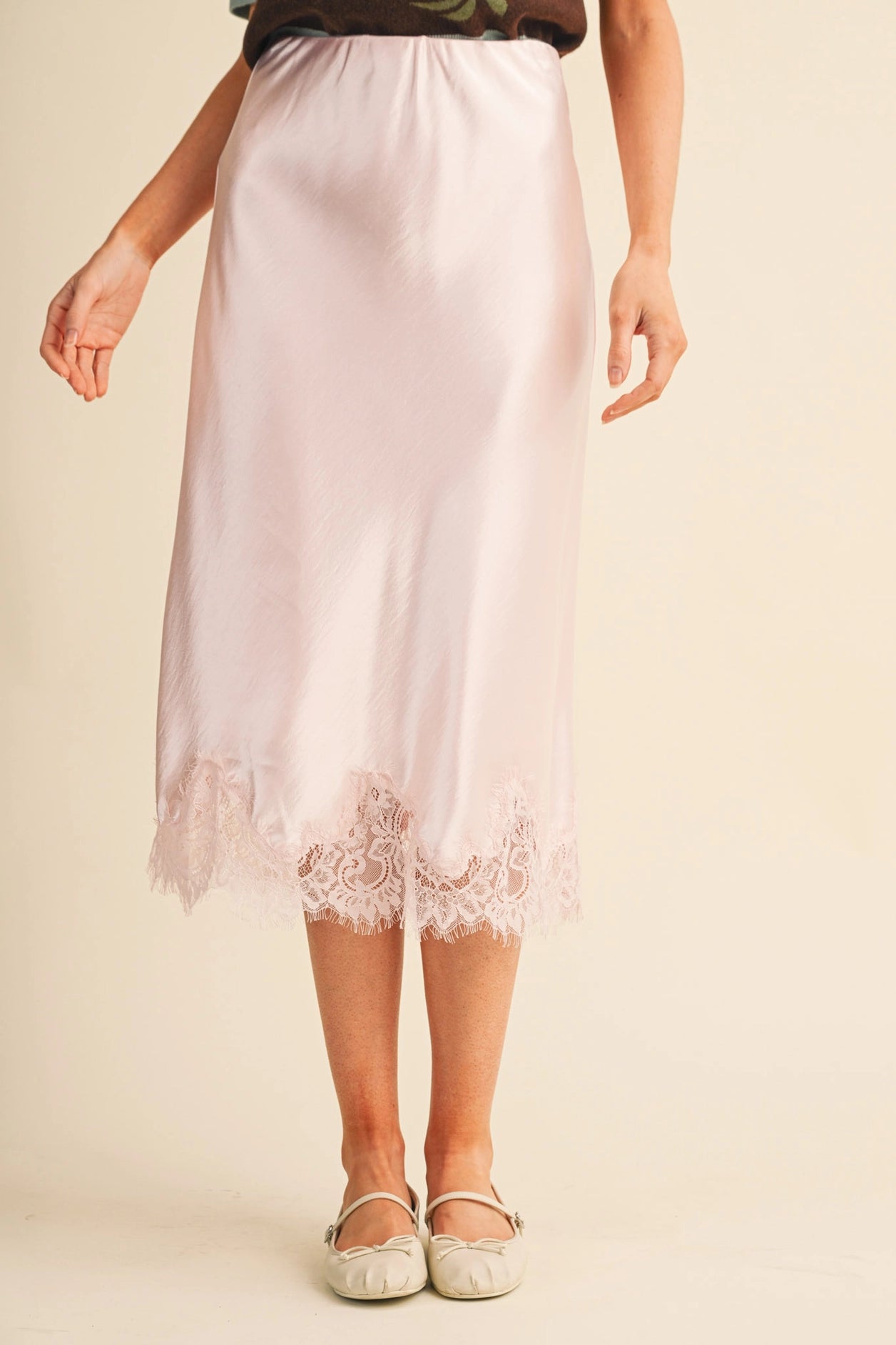The Penelope Satin Lace Trim Skirt in Ballerina Pink