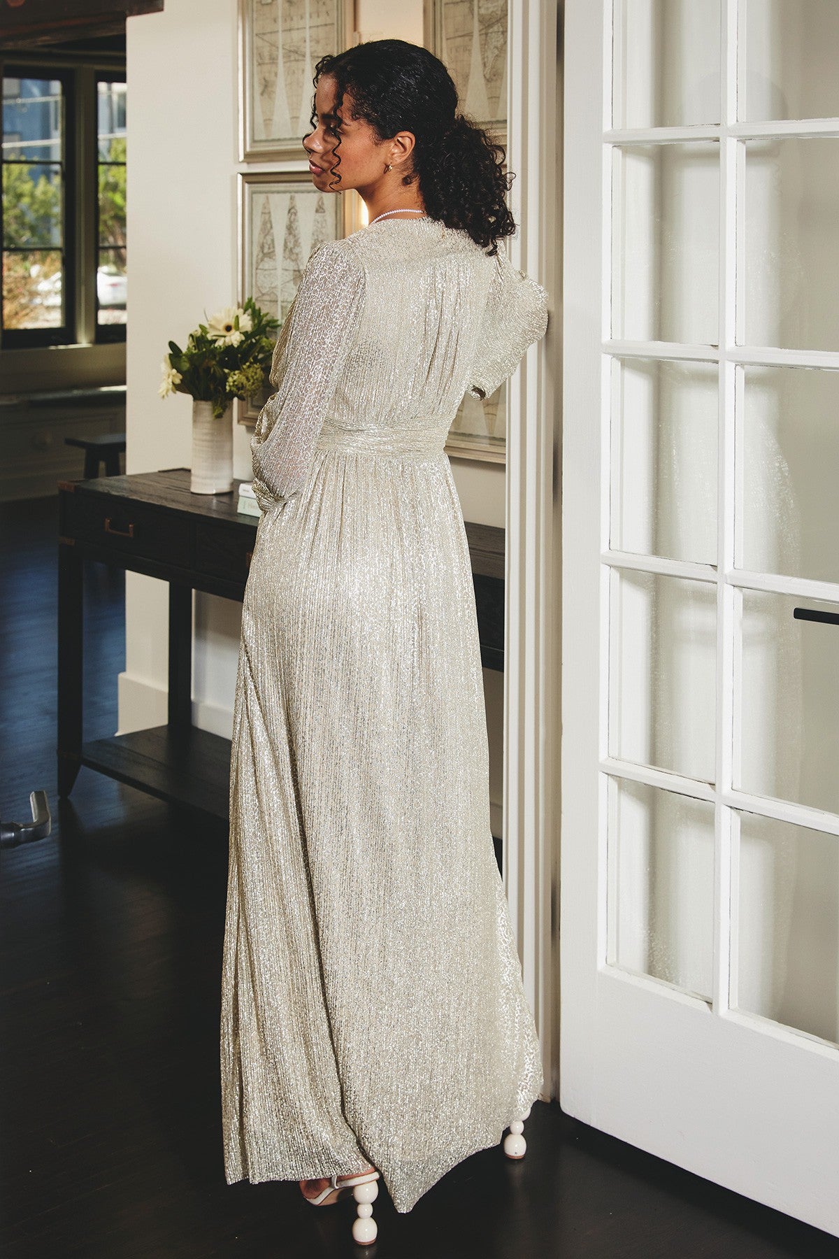 The Maren Sparkle Maxi Dress in Champagne