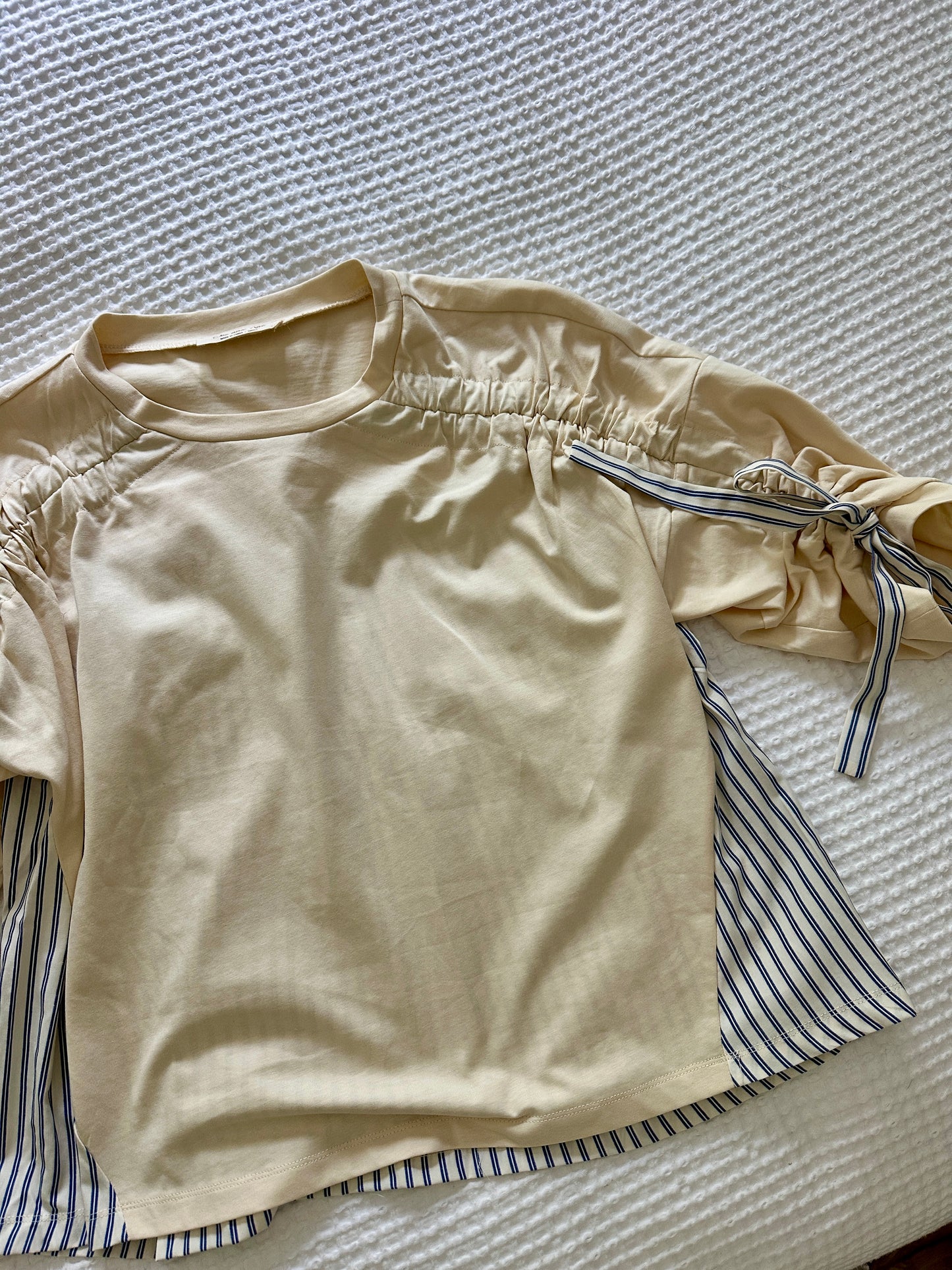 The Amelia Bow Sleeve Top in Butter Yellow & Blue Stripe