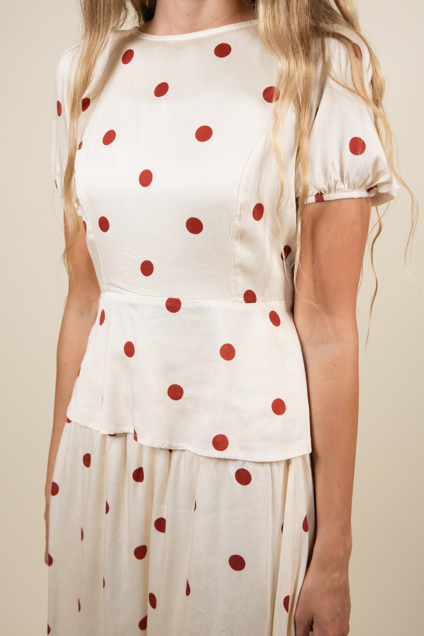 The Zoe Satin Polka Dot Set in Cream & Rust