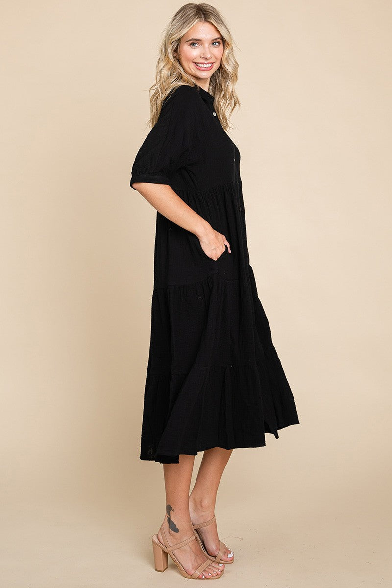 RESTOCKED - The Lyss Gauze Shirt Dress in Black