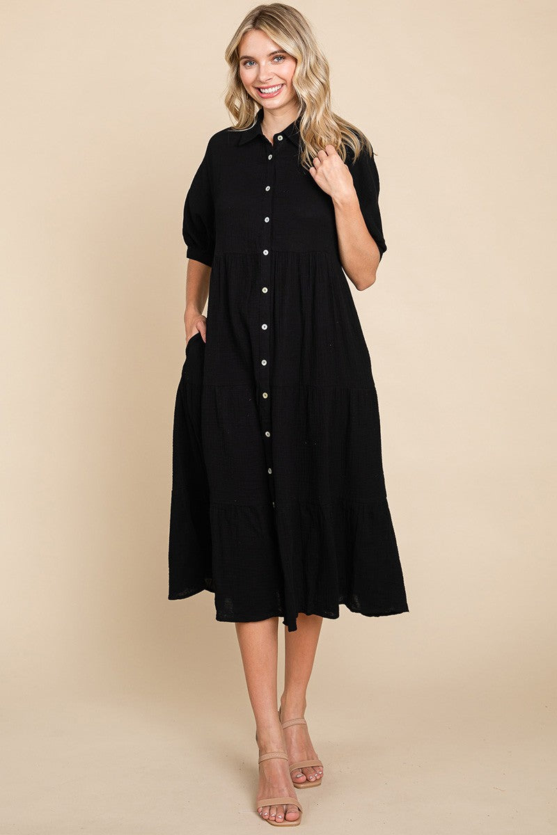 RESTOCKED - The Lyss Gauze Shirt Dress in Black