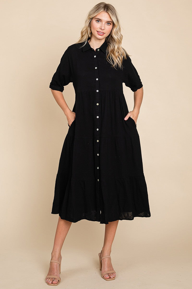 RESTOCKED - The Lyss Gauze Shirt Dress in Black