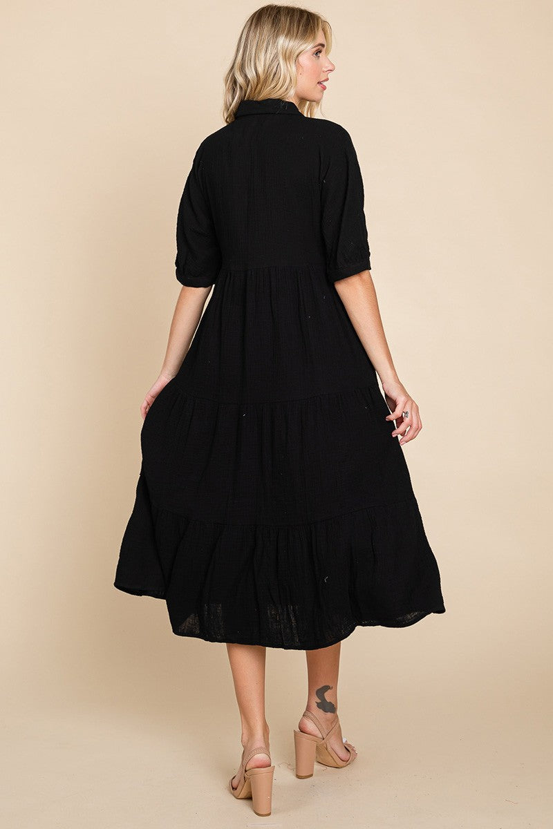 RESTOCKED - The Lyss Gauze Shirt Dress in Black