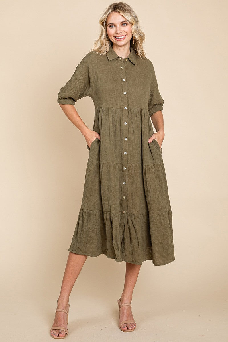 RESTOCKED - The Lyss Gauze Shirt Dress in Olive