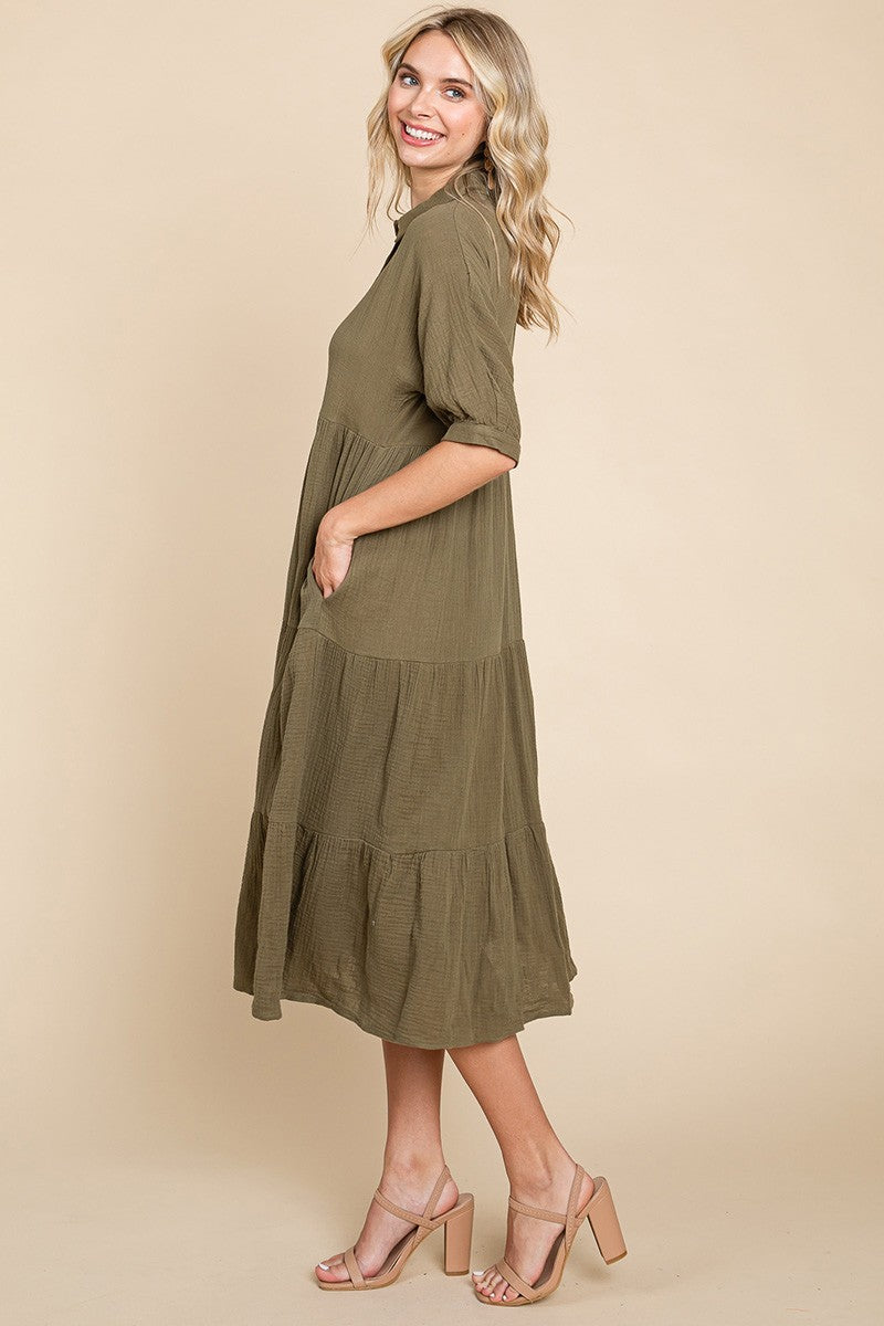 RESTOCKED - The Lyss Gauze Shirt Dress in Olive