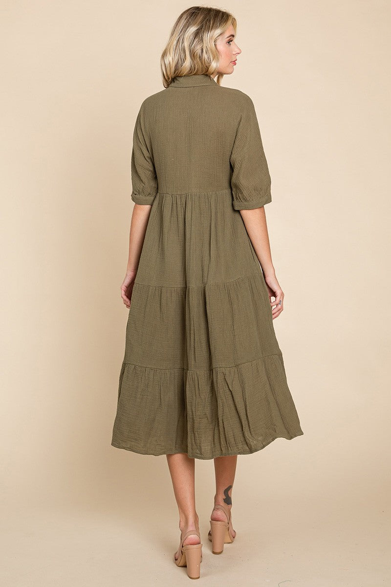 RESTOCKED - The Lyss Gauze Shirt Dress in Olive