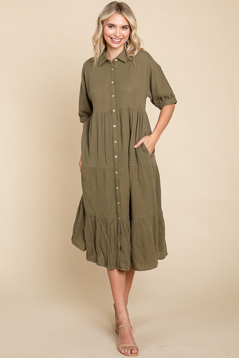 RESTOCKED - The Lyss Gauze Shirt Dress in Olive