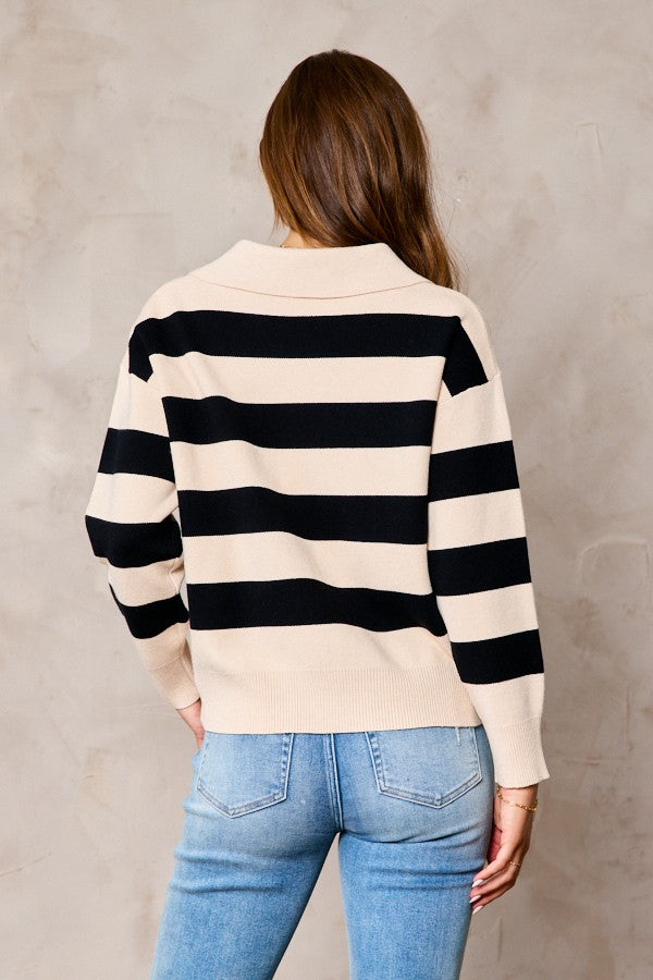 The Kailey Collar Knit Sweater in Cream & Black