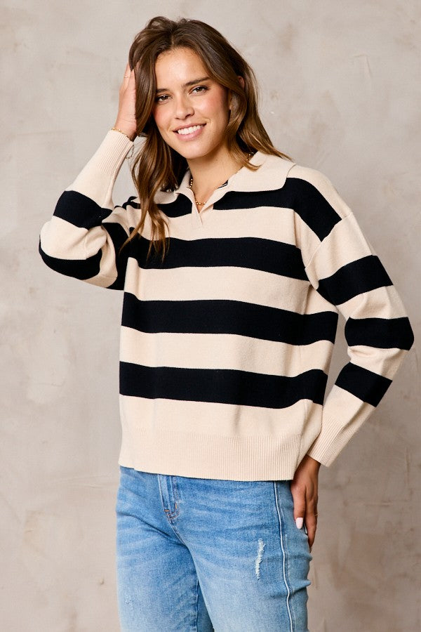 The Kailey Collar Knit Sweater in Cream & Black