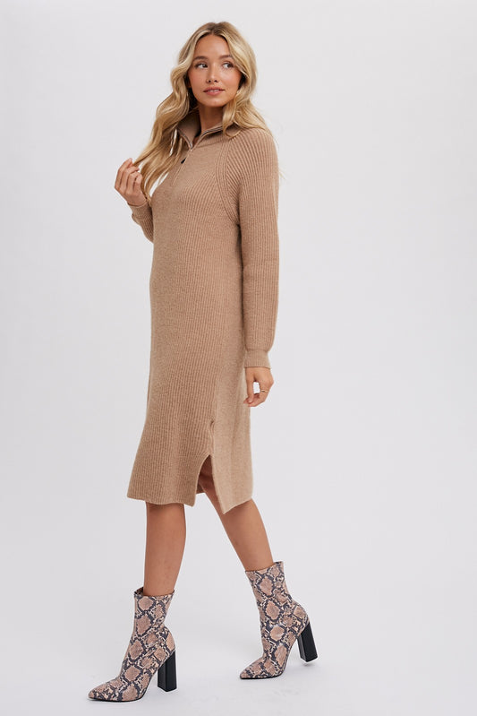 The Kelsey Knit Quarter-Zip Dress in Latte