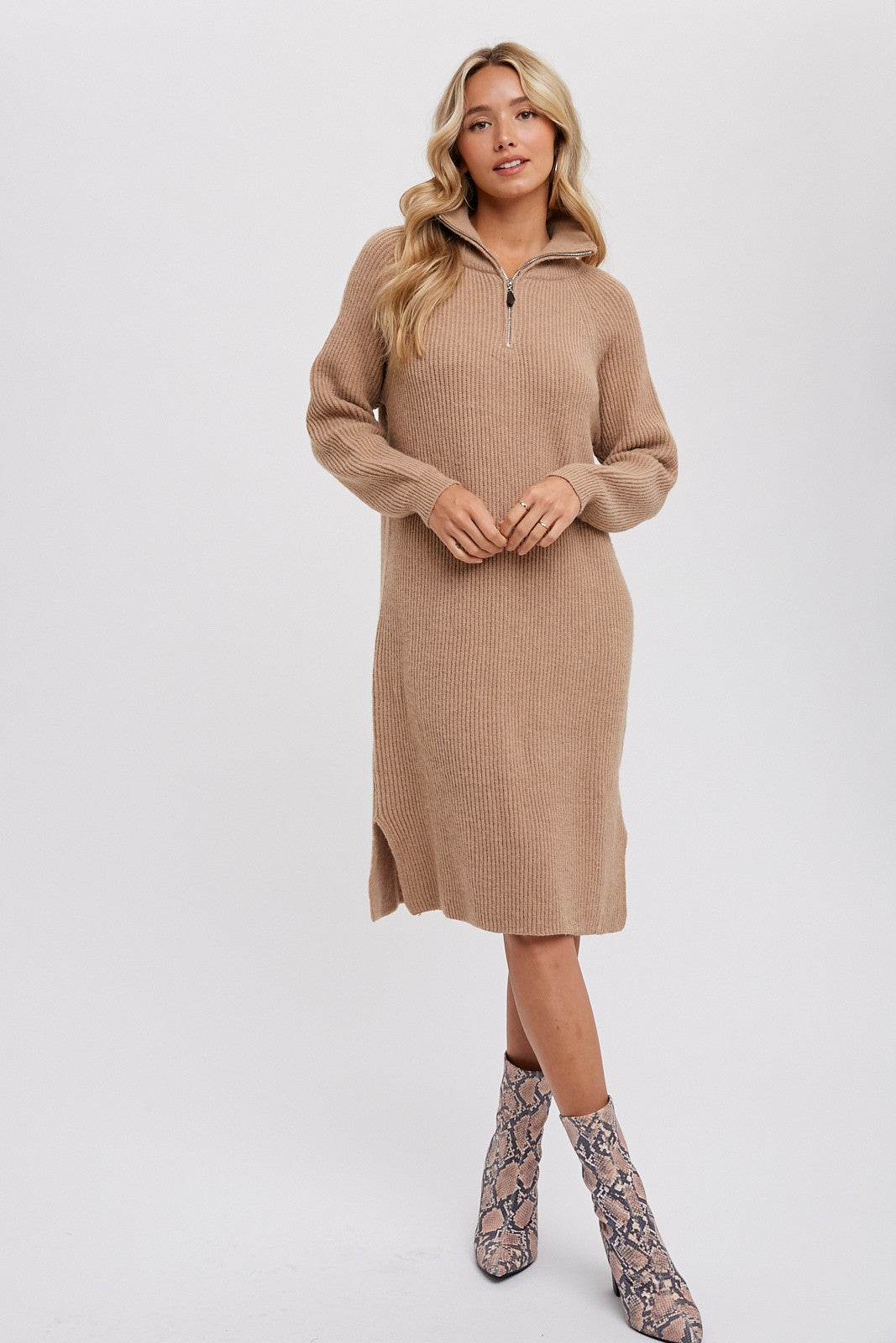 The Kelsey Knit Quarter-Zip Dress in Latte