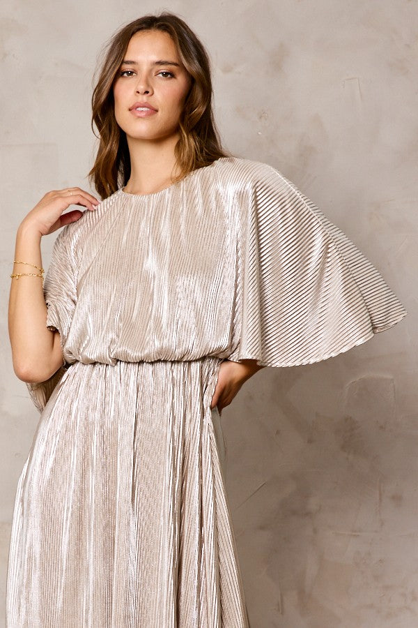 The Margo Gold Pleated Maxi Dress