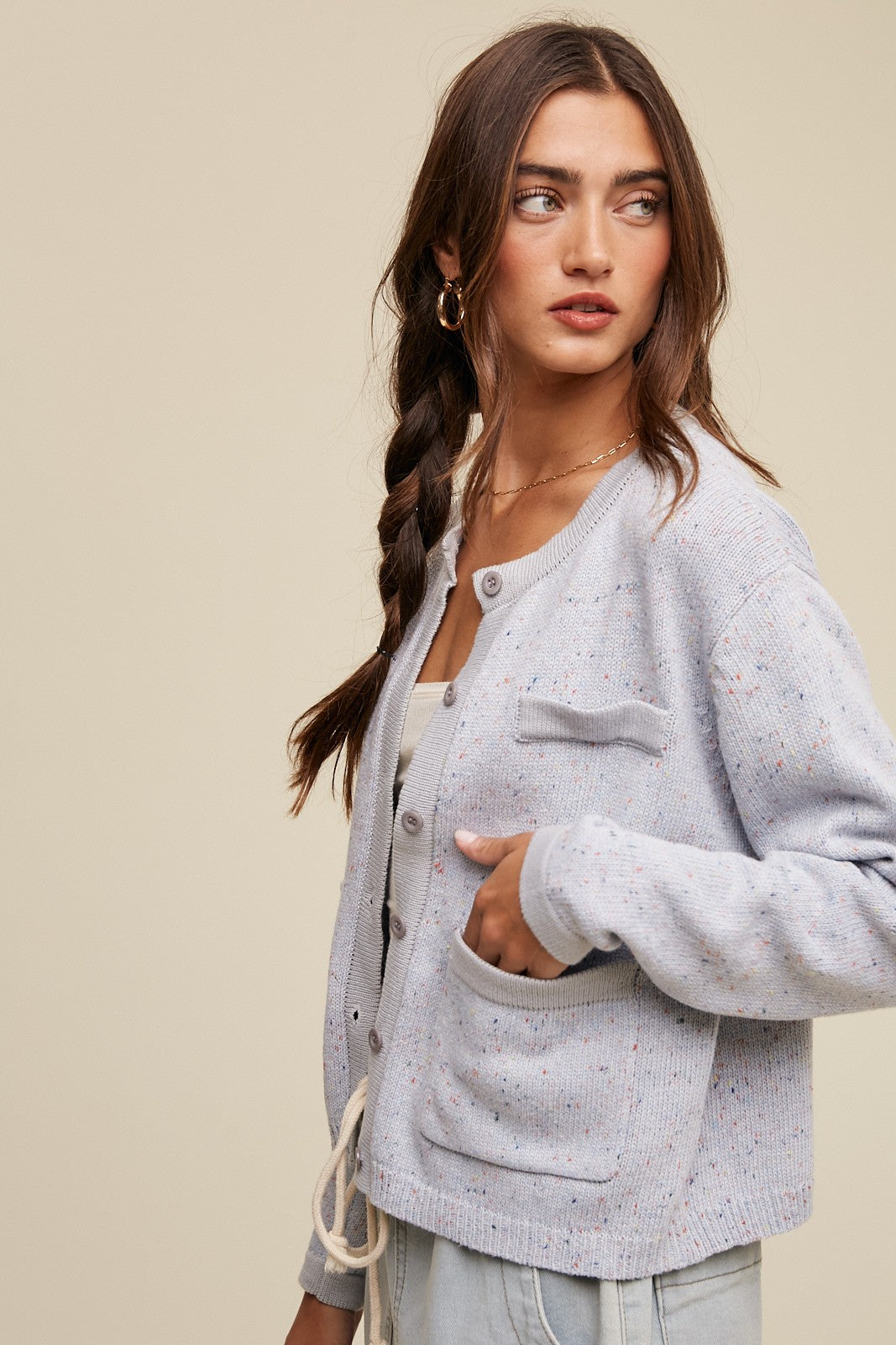 The Lucy Speckle Cardigan in Speckle Blue