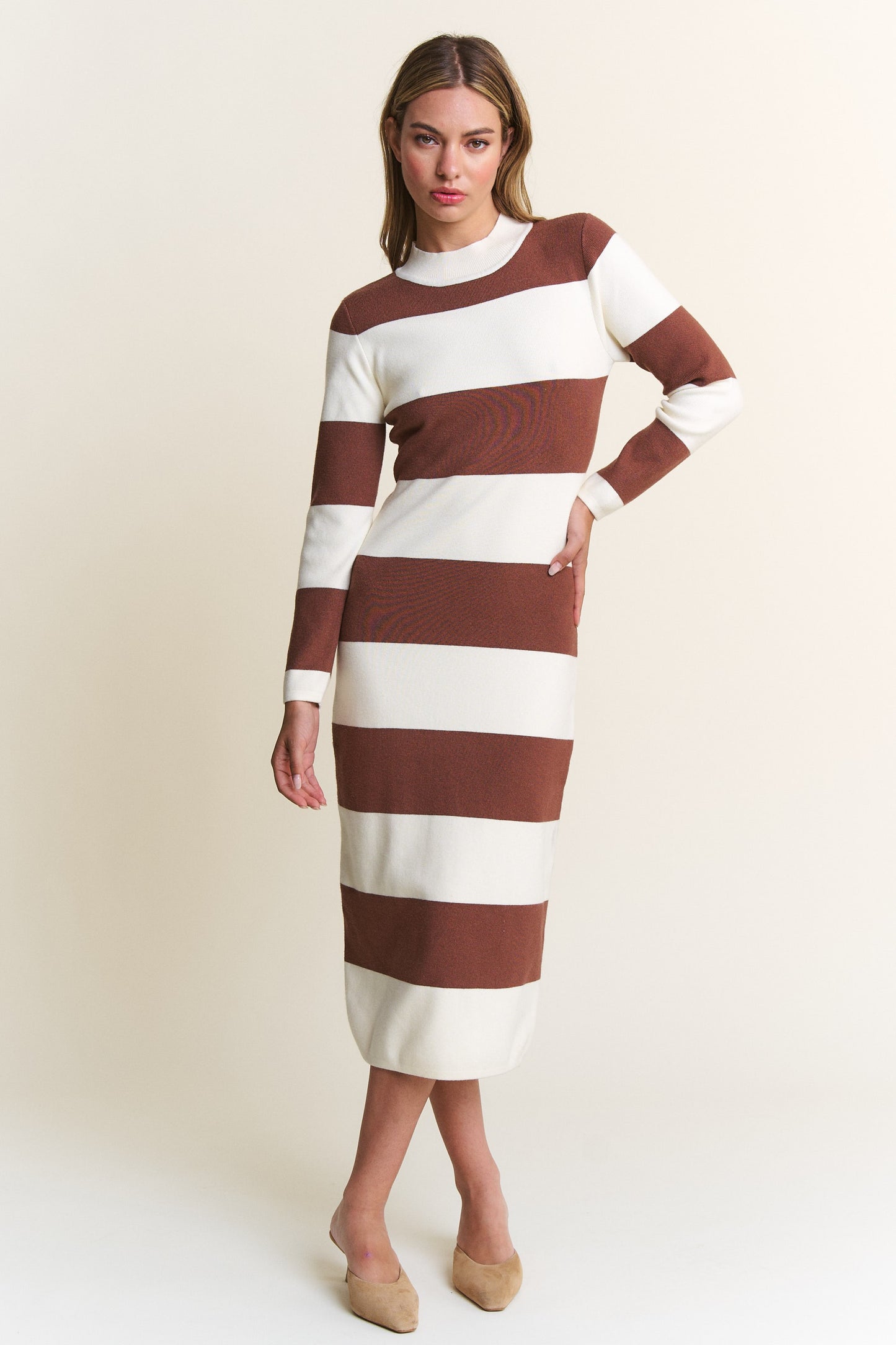 RESTOCKED - The Lucy Brown Stripe Mockneck Dress