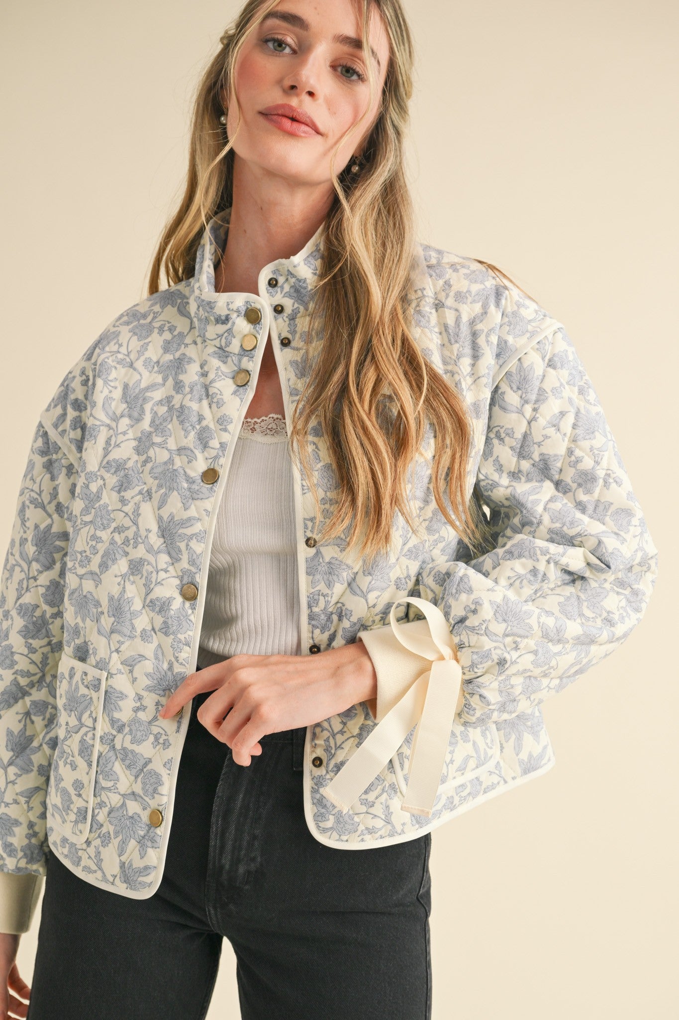 RESTOCKED - The Lorelei Quilted Bow Jacket in Blue Floral