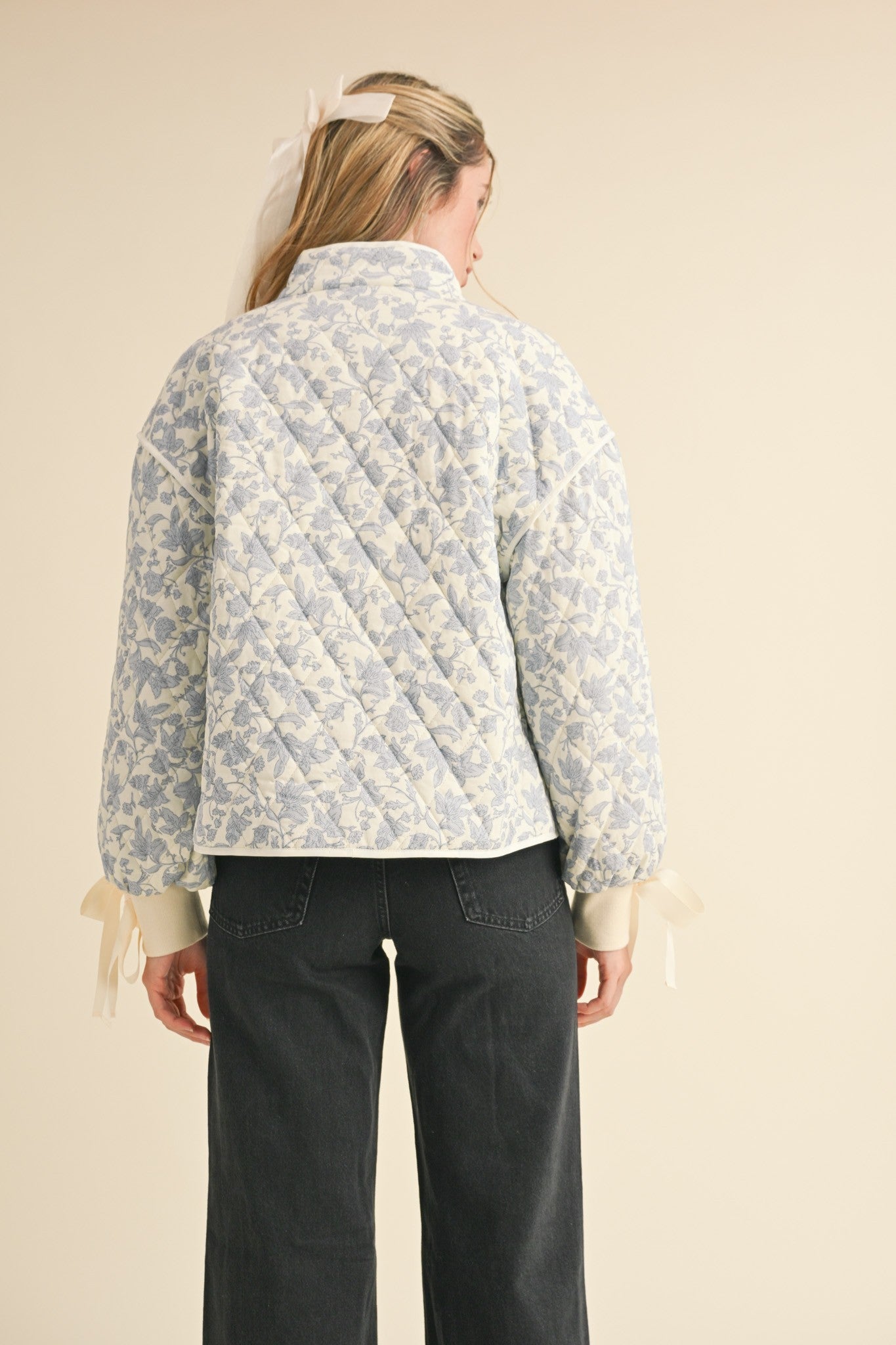 RESTOCKED - The Lorelei Quilted Bow Jacket in Blue Floral