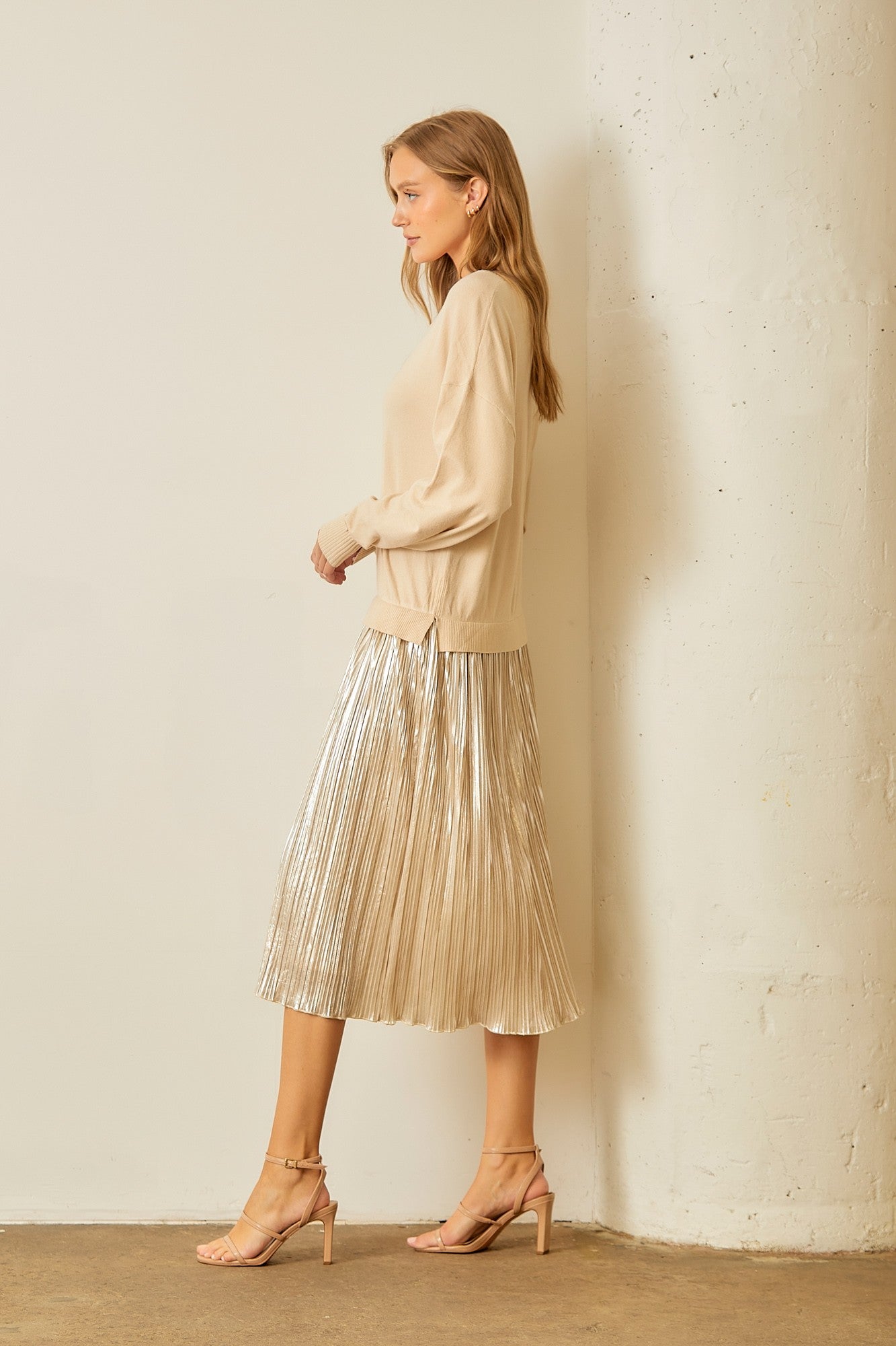 The Kacie Metallic Pleated Skirt Dress