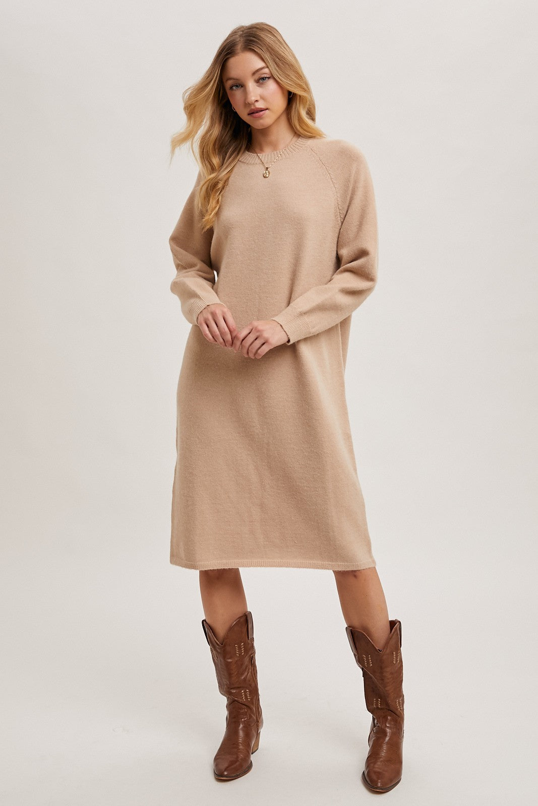 The Kara Crew Sweater Dress in Tan