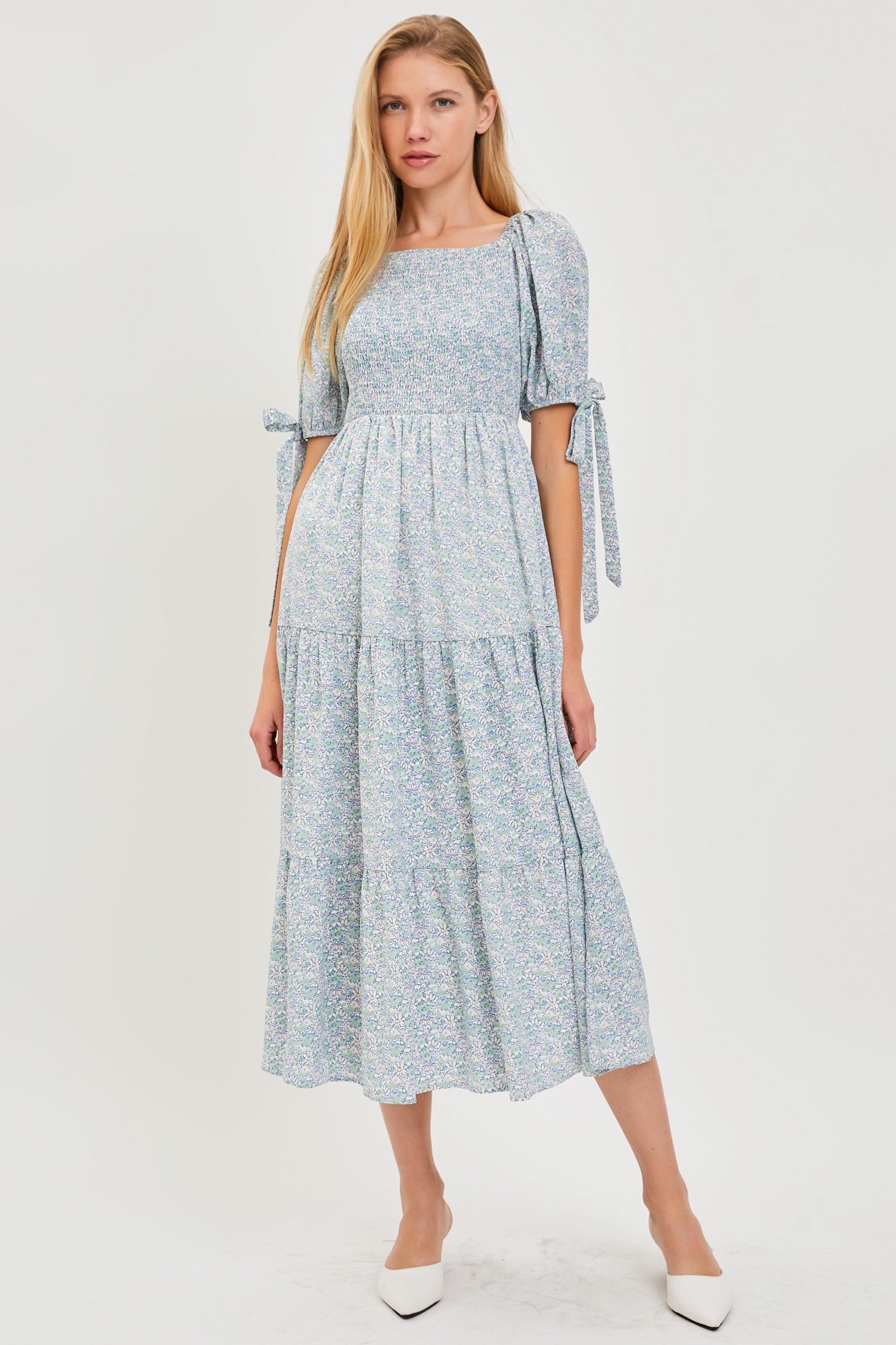The Lainey Smocked Dress in Blue Floral