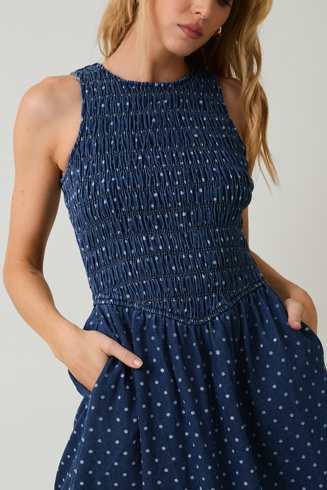 The Demi Smocked Drop Waist  Denim Dress