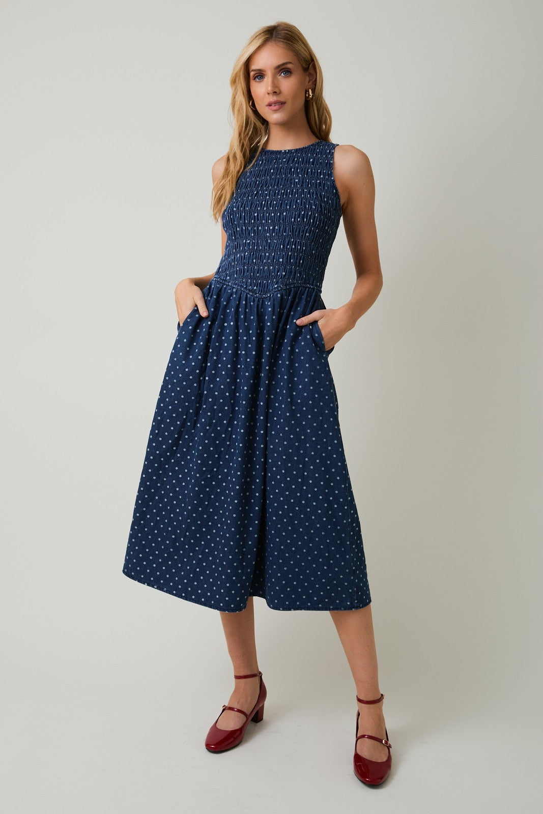 The Demi Smocked Drop Waist  Denim Dress