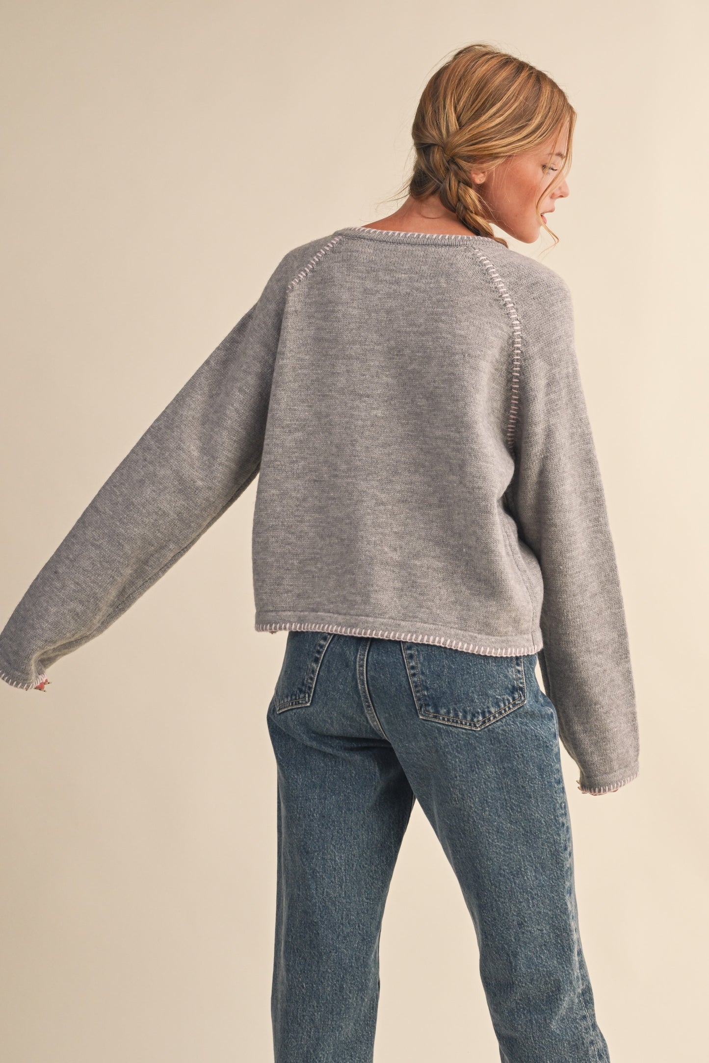 The Perfect Cardigan in Grey & Pink Stitch