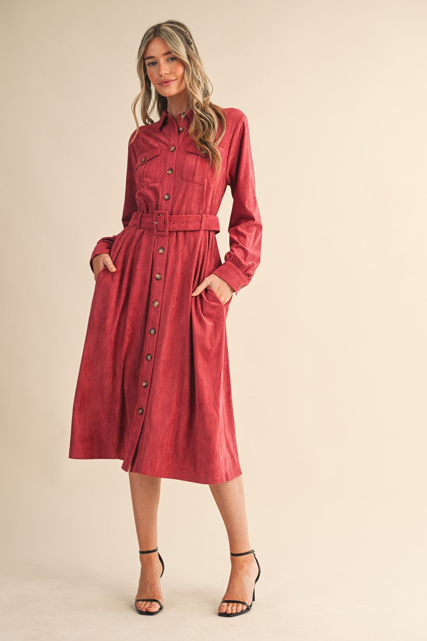 The Margot Suede Belted Shirt Dress in Berry