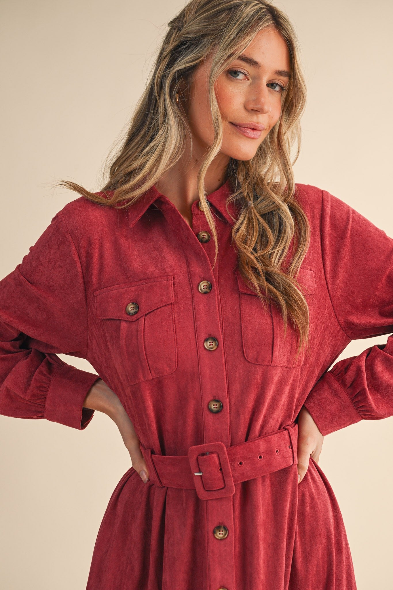 The Margot Suede Belted Shirt Dress in Berry