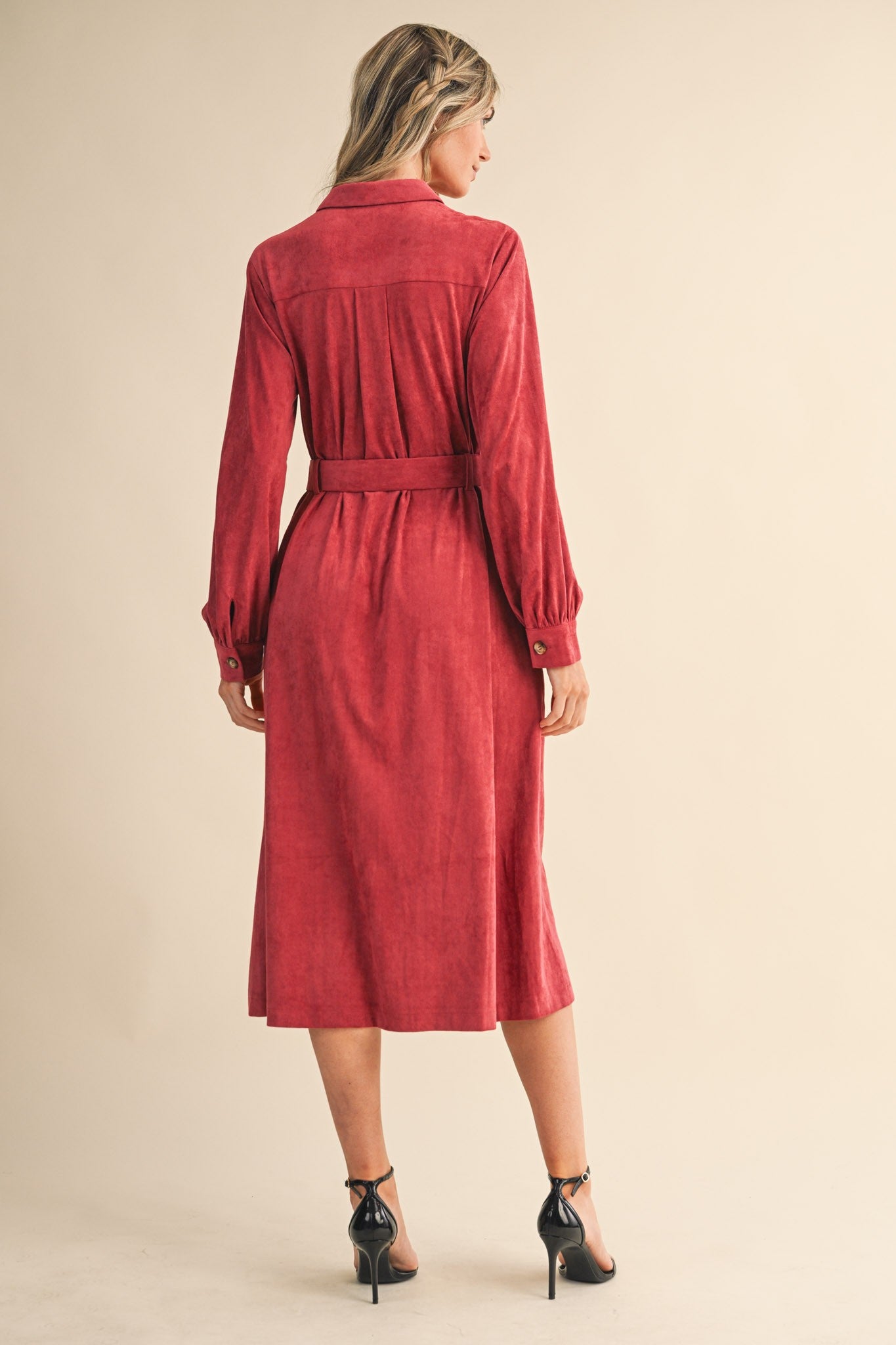 The Margot Suede Belted Shirt Dress in Berry